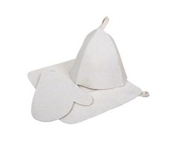 Комплект банный подарочный (шапка, рукавица, коврик), войлок 100% белый арт. Б 1516